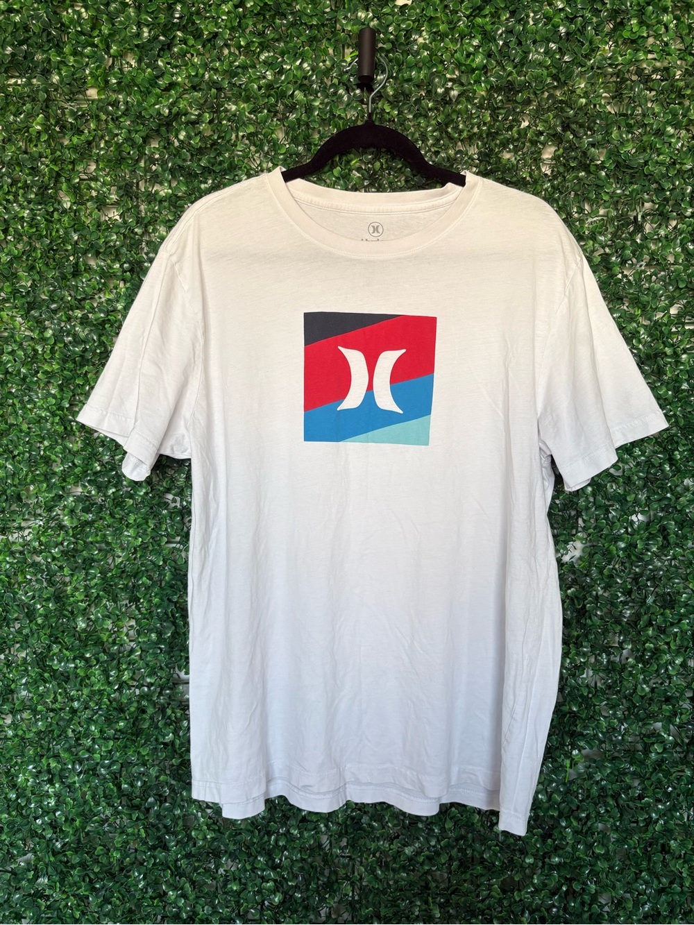 Hurley White Short-Sleeve Tee with Red and Blue Logo